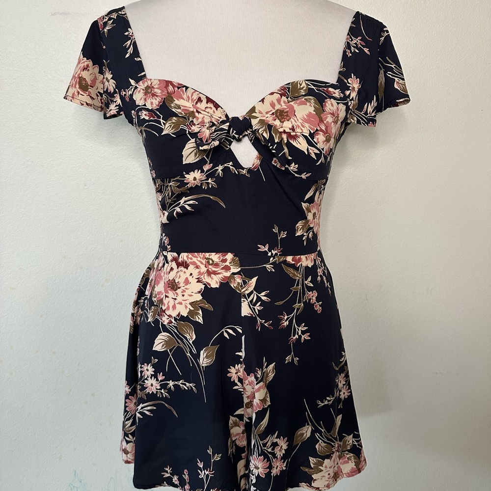 Peppermint Navy Floral Tie-Front Romper with Blush Accents